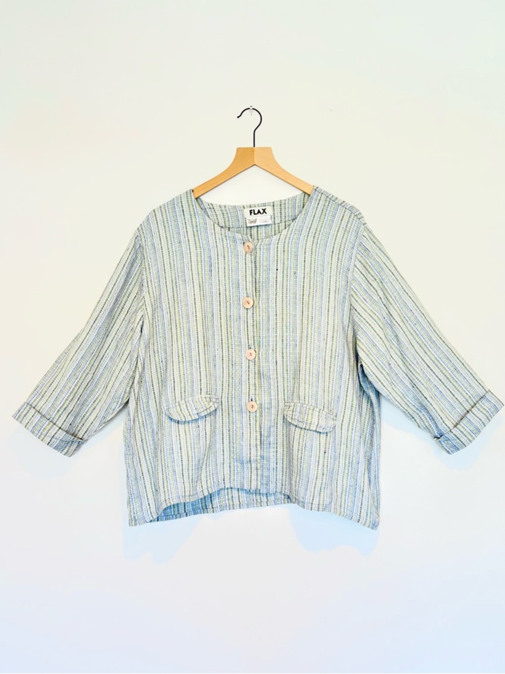 FLAX linen shirt jacket - oversized blue striped - L - like new Jeanne Engelhart